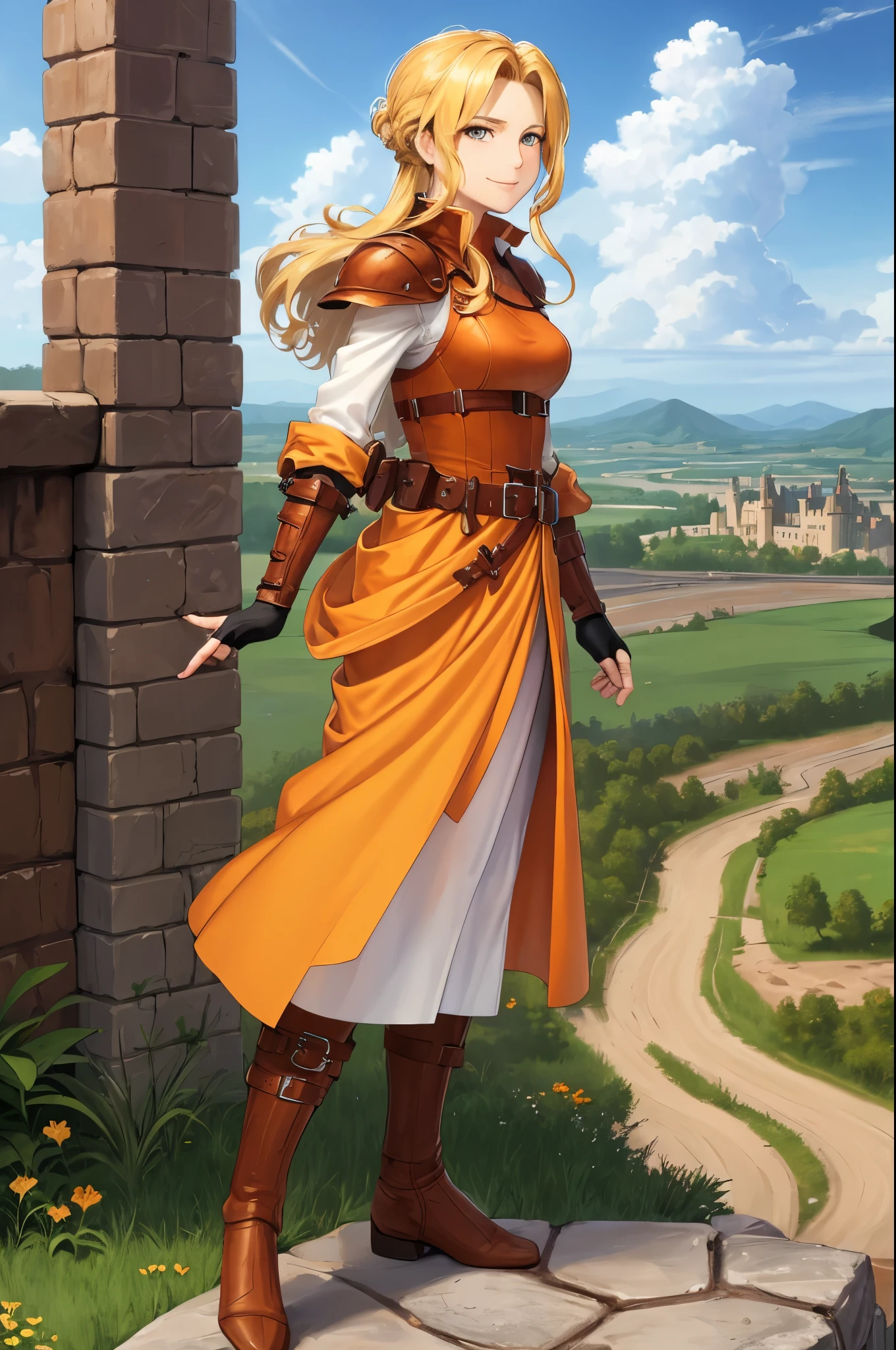 masterpiece, best quality, eyvel, armor, fingerless gloves, orange dress, belt, white pantyhose, brown boots, cowboy shot, from side, looking at viewer, smile, castles, cobblestones, clouds, river 