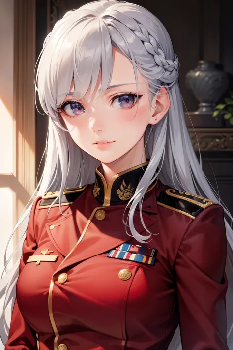 ((Masterpiece)), ((Best quality)), ((Solo, Mature Female with Silver Hair)), ((Military Portrait)), Detailed and meticulously crafted silver hair, Serene expression, Military uniform adorned with various insignia, Cheekbones accentuated by the soft lighting, Realistic wrinkles and fine lines, High resolution and intricate shading, Fine textures, Subtle blush, Serene and calm gaze, Accurately depicted military accessories, Realistic fabric folds, Depth of field adding to the sense of three-dimensionality.