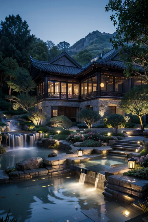 Antike chinesische Architektur, Mond, Mitternacht, garden, Bambus, See, Steinbrücke, Felsenery, arch, Ecke, Baum, fließendes Wasser, Landschaft, draussen, waterfall, grass, Felsen, Seerose, Heiße Quelle, Wasserdampf, (Illustration: 1.0), epische Komposition, realistische Beleuchtung, HD-Details, Meisterwerk, beste Qualität, (Sehr detaillierte CG Unity 8k) --um 6