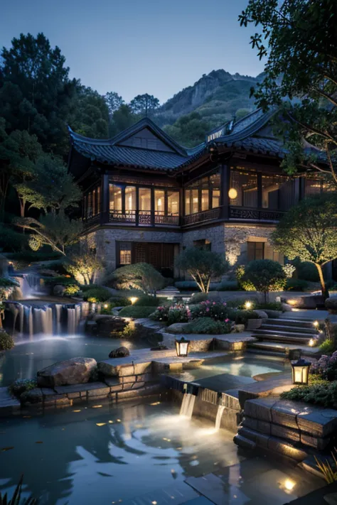 Ancient Chinese architecture, moon, midnight, garden, bamboo, lake, stone bridge, rockery, arch, corner, tree, running water, la...