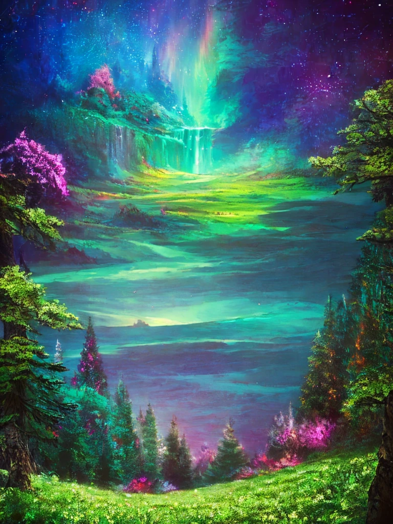 Vista de um grande lago com enormes montanhas povoadas por árvores ao fundo com a aurora boreal brilhando acima de tudo