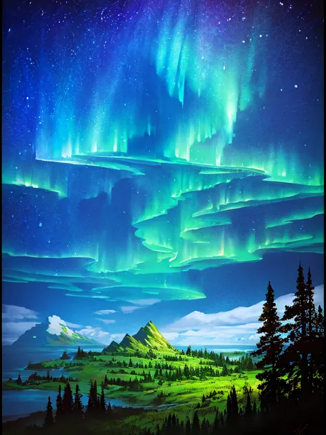 A view of a great lake with massive mountains populated with trees in the background with the aurora borealis shinning above it ...