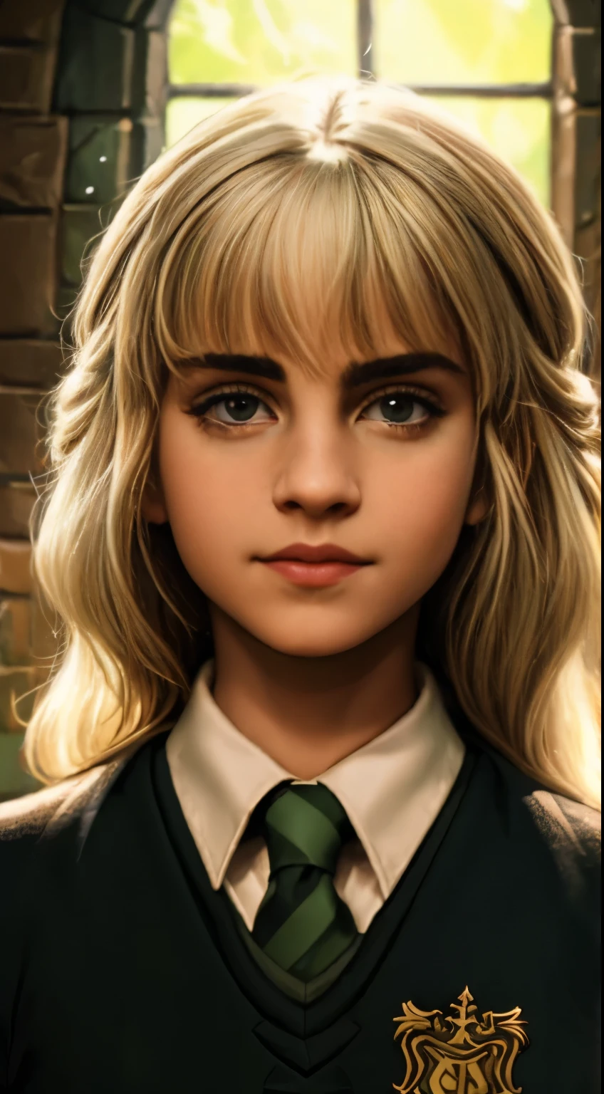  (in dark:1.6), hyper realistic portrait, Fantasyart, photo realist, dynamic lighting, volumetric lighting, Very Detailed Faces, 4K, awardwinning,, 1 young woman of . Teenage girl, student, witch, white blonde hair tied into two buns, wearing green Hogwarts uniform, Slytherin, castle background
