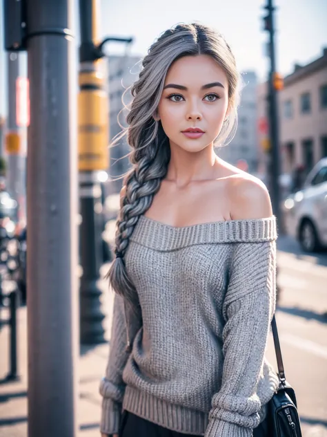 gorgeous cute austrian girl, steel gray hair loose braided hair, wearing an off shoulder sweater, low hung sweater, oversized gy...