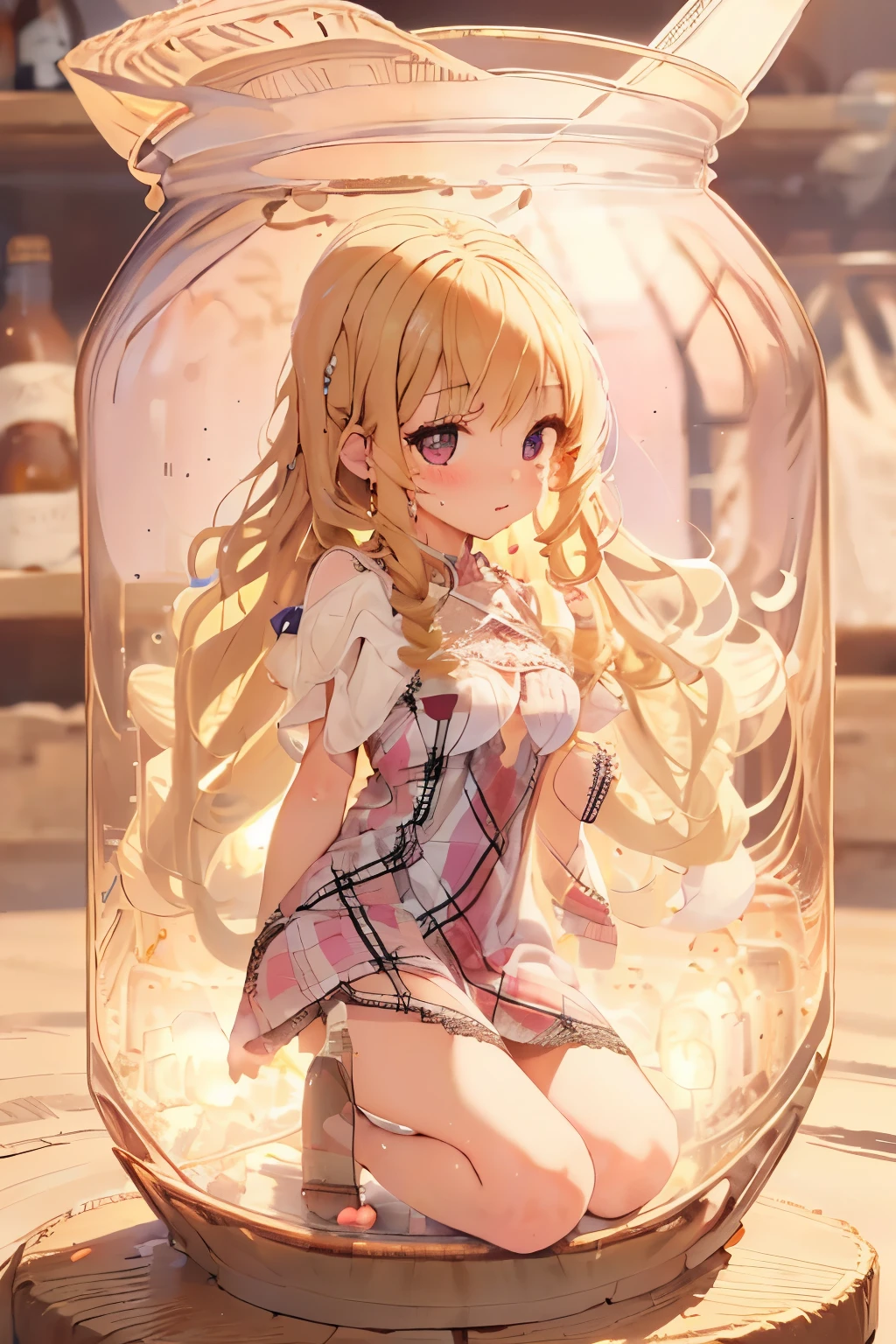 girl,cute,(blonde:1.2),(long hair with curls:1.2),(With bangs),(Eye size:1.5),(Plaid dress:1.3),(dress with lots of lace:1.35),(blush:1.2),(girl in glass bottle:1.4),(NSFW),(whole body:1.5)