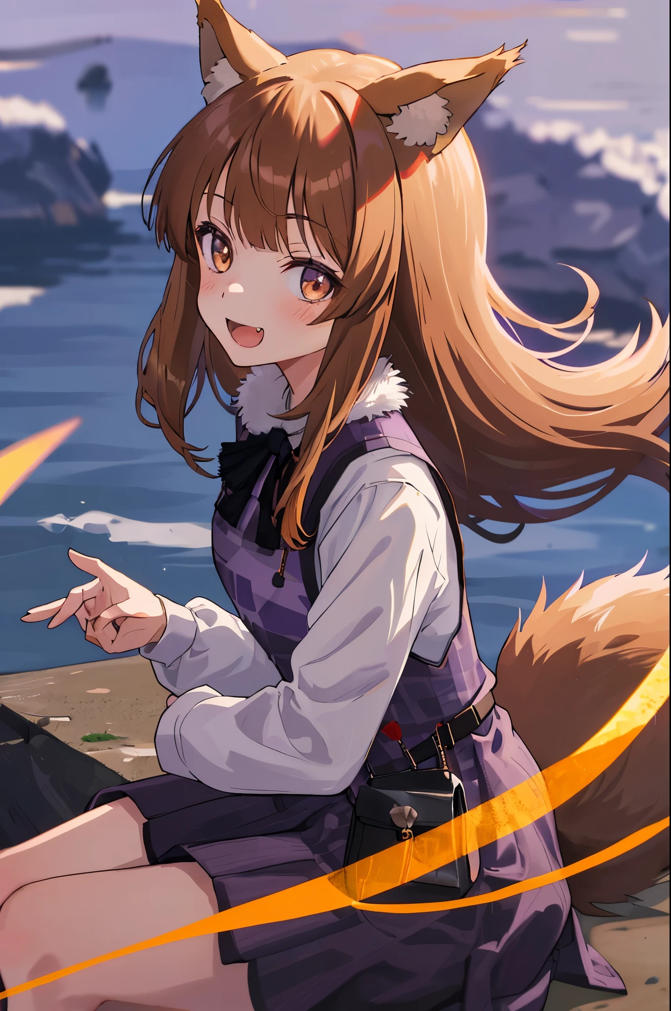 Anime girl with long hair sitting on a rock near the ocean - SeaArt AI