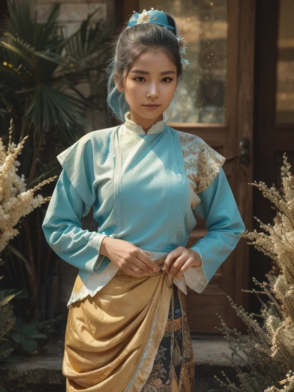 (masterpiece), (best quality), (ultra detailed),(disheveled hair),(illustration), (1 70 yo old womanl), (old Fashionable burmese clothing), standing, old Fashion old woman model, looking at viewer, (interview), (simple background),beautiful detailed eyes, delicate beautiful face, Floating,(high saturation),(colorful splashes),(shining), focus on face,  ponytail, kamisato ayaka, light blue hair, bangs, hair ring, floating flowers, floating hairs, (shining), best lighting, best shadow,(best quality,8k,highres,masterpiece:1.2),ultra-detailed,(realistic,photorealistic,photo-realistic:1.37),beautiful expressive eyes,long eyelashes,beautiful detailed lips,(((big ))),(big buttocks))),detailed hair and face, acmm ls outfit, wearing acmm top, yellow green acmm top, long sleeves, wearing acmm long skirt, gold green acmm long skirt, printed skirt, vintages photography, old photos style, (((70 yo an old woman))), 70 years old woman