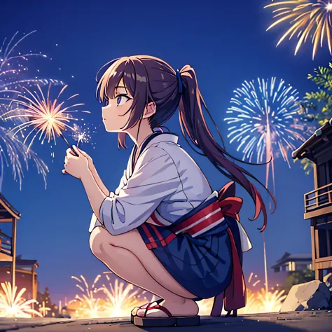 Side view of a woman with a Japanese ponytail holding fireworks in a squatting position