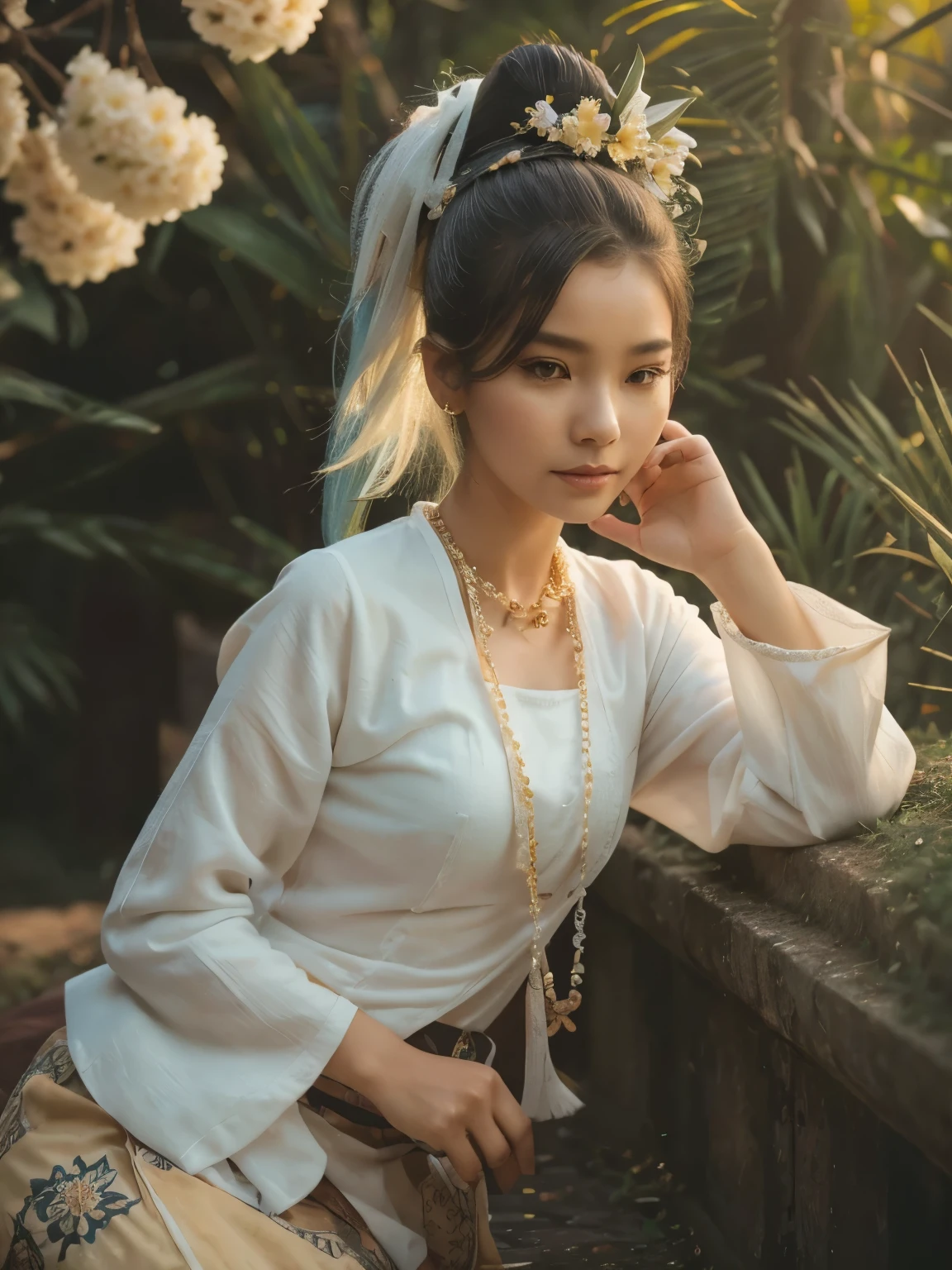 (masterpiece), (best quality), (ultra detailed),(disheveled hair),(illustration), (1 70 yo old womanl), (old Fashionable burmese clothing), standing, old Fashion old woman model, looking at viewer, (interview), (simple background),beautiful detailed eyes, delicate beautiful face, Floating,(high saturation),(colorful splashes),(shining), focus on face,  ponytail, kamisato ayaka, light blue hair, bangs, hair ring, floating flowers, floating hairs, (shining), best lighting, best shadow,(best quality,8k,highres,masterpiece:1.2),ultra-detailed,(realistic,photorealistic,photo-realistic:1.37),beautiful expressive eyes,long eyelashes,beautiful detailed lips,(((big ))),(big buttocks))),detailed hair and face, acmm ls outfit, wearing acmm top, yellow green acmm top, long sleeves, wearing acmm long skirt, gold green acmm long skirt, printed skirt, vintages photography, old photos style, (((70 yo an old woman))), 70 years old woman