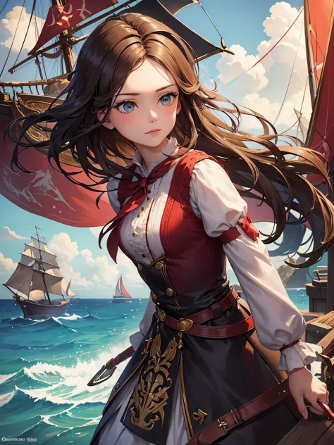 (masterpiece, super high quality, super detailed), landscape, young girl, Assol, scarlet sails, girl looking at the sea from the...