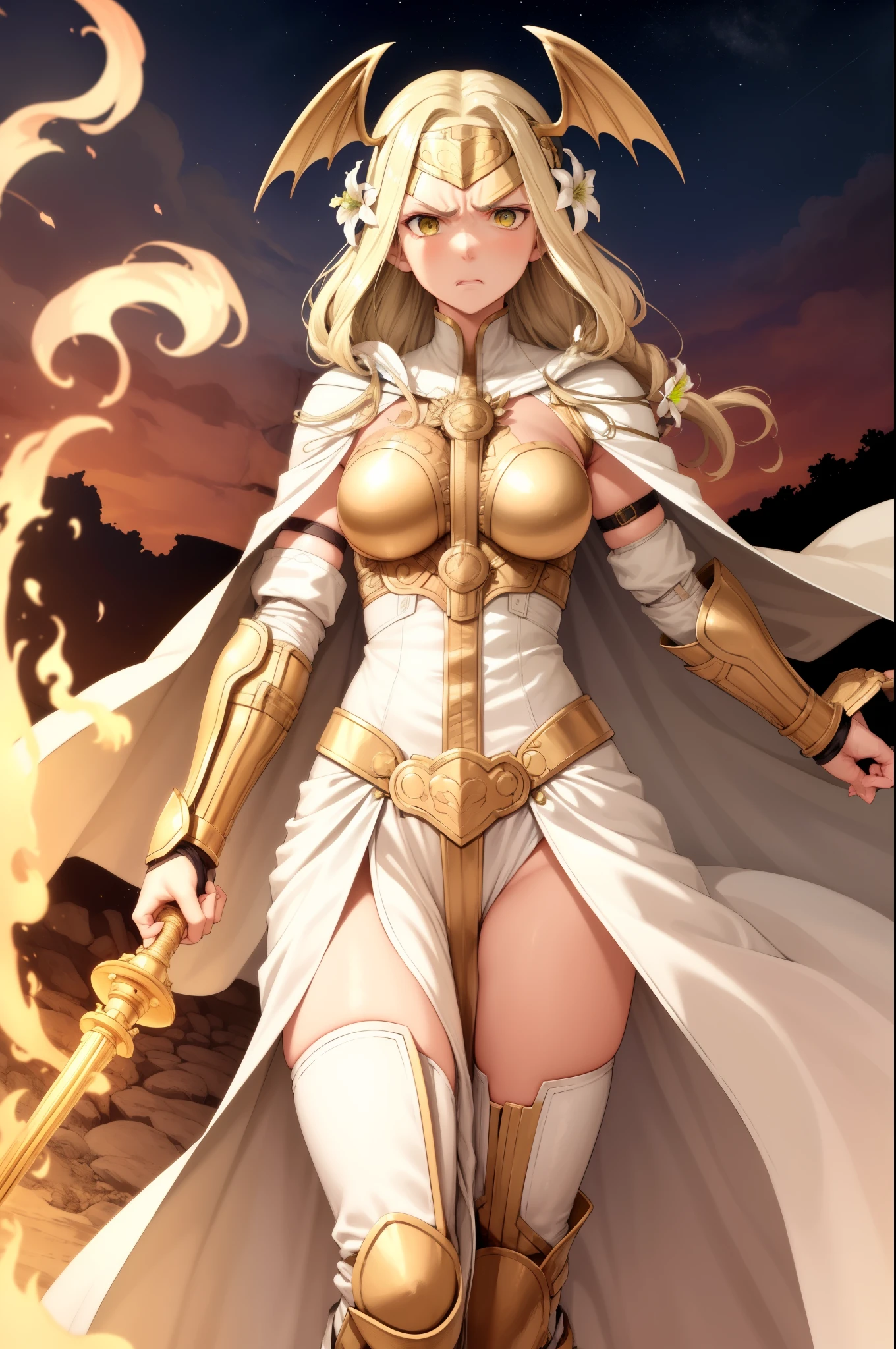 masterpiece, best quality, seiros, head wings, white cape, gold armor, forehead protector, yellow hair, hair flowers, gauntlets, white dress, standing, furrowed brow, looking at viewer, angry, furious, raging, wasteland, fire