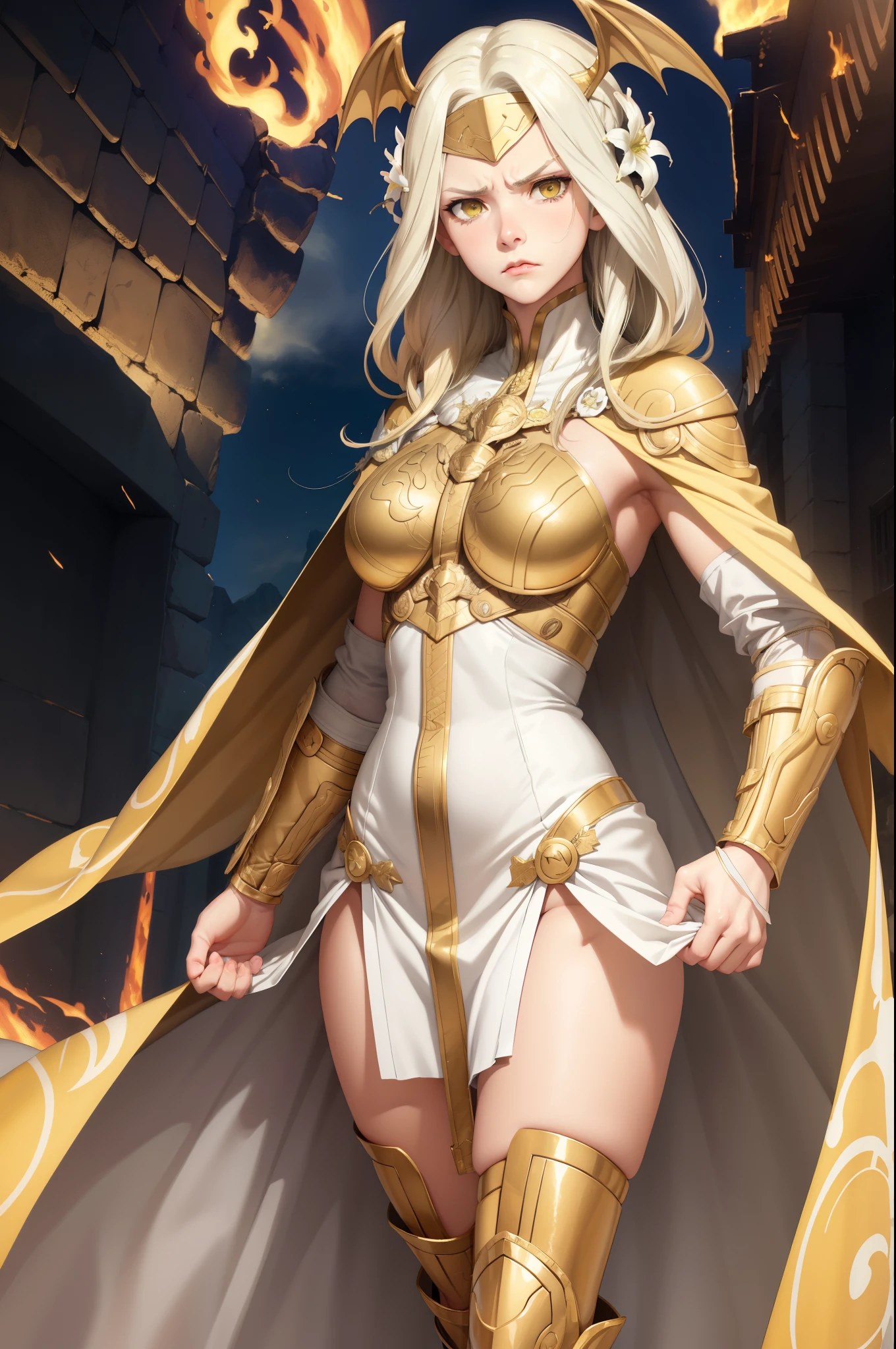 masterpiece, best quality, seiros, head wings, white cape, gold armor, forehead protector, yellow hair, hair flowers, gauntlets, white dress, standing, furrowed brow, looking at viewer, angry, furious, raging, wasteland, fire