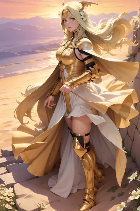 masterpiece, best quality, seiros, head wings, gold armor, forehead protector, yellow hair, hair flowers, gauntlets, white dress...