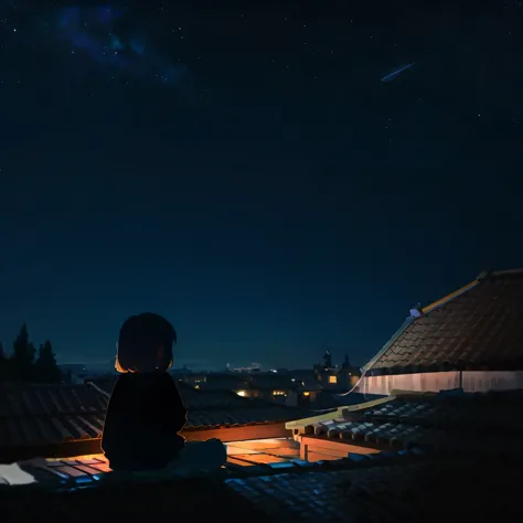 a little girl，Sit on the roof at night and watch the stars