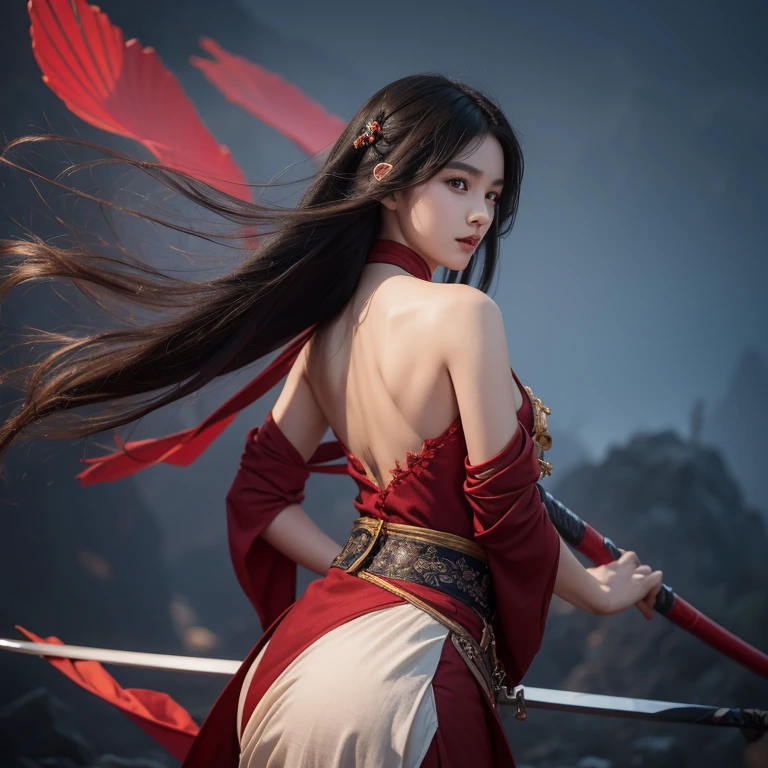 Xiu Xian novel，Girl 17 years old，chinese woman，The body is curvy，Front and back facing end，Sword in hand，long hair fluttering，Directly behind, facing the camera