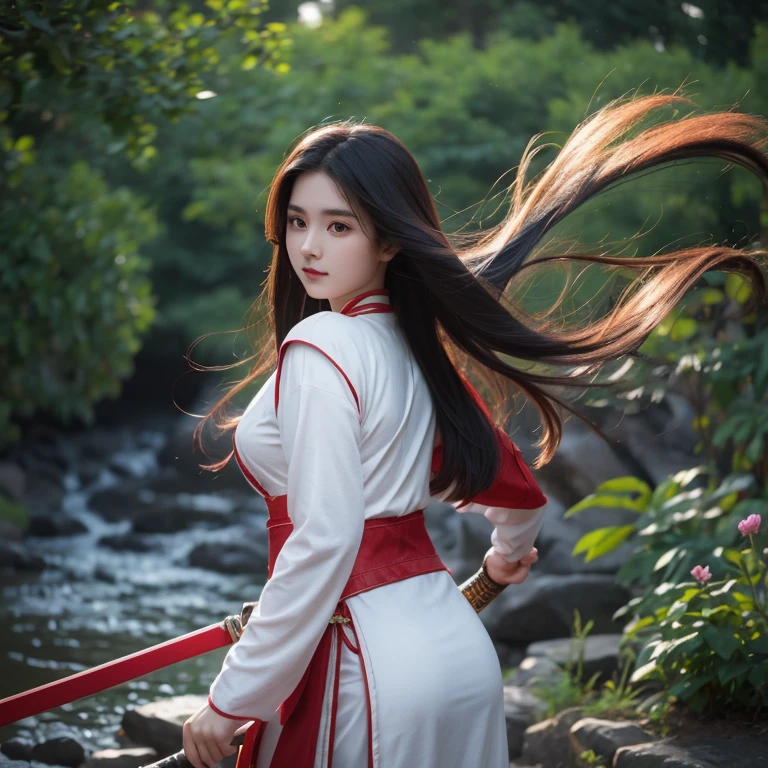 Xiu Xian novel，Girl 17 years old，chinese woman，The body is curvy，Front and back facing end，Sword in hand，long hair fluttering，Directly behind, facing the camera