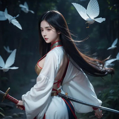 Xiu Xian novel，Girl 17 years old，chinese woman，The body is curvy，Front and back facing end，Sword in hand，long hair fluttering，Di...