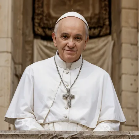 popefra, smiling pope francis in a white robe and a holy cross necklace waves from a balcony