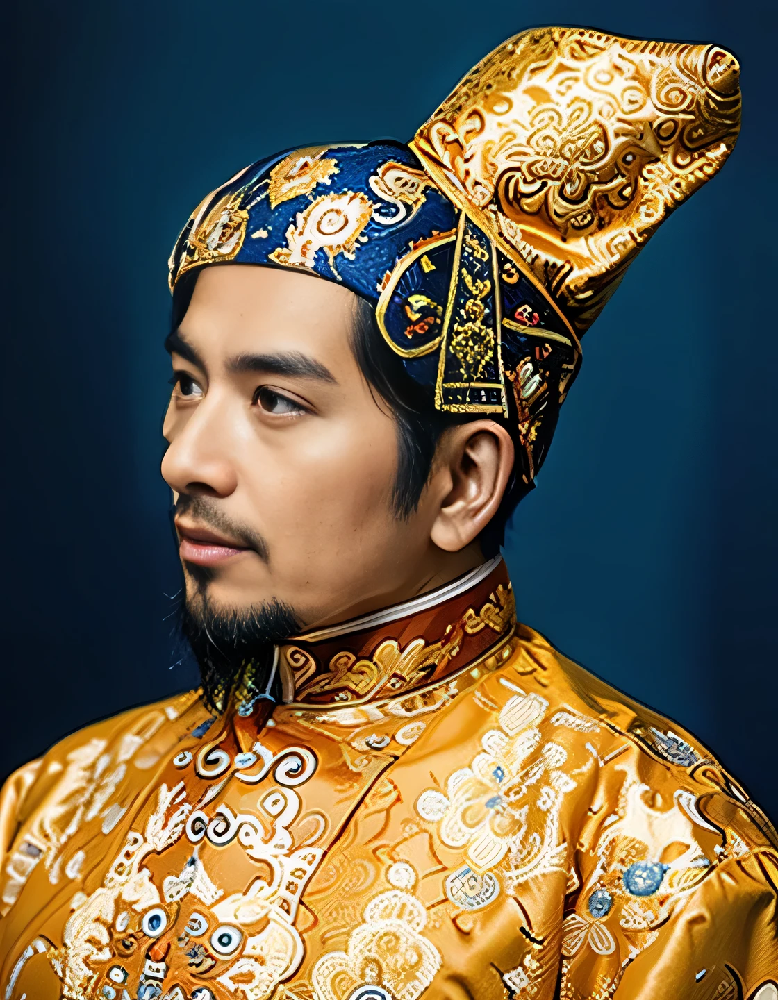 Highly realistic photo, ((masterpiece), (best quality), (raw photo), (photorealistic:1.4), Portrait of the Vietnamese king, Qing Dynasty, wearing royal robe, golden shirt, golden hat, royal hat, (((keep a long beard))), dark blue background , photo taken by Sony A7IV