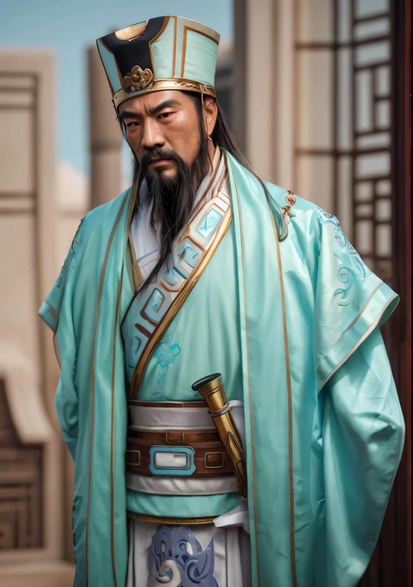 Close-up of a man wearing turquoise and white clothing, Inspired by Dong Yuan, inspired by Cao Zhibai, Inspired by Wu Bin, Inspired by Hu Zaobin, Inspired by Emperor Xuande, Inspired by Li Kan, Inspired by Huang Ding, inspired by Wu Daozi, Inspired by Zhang Lu, Inspired by Zhang Sengyao