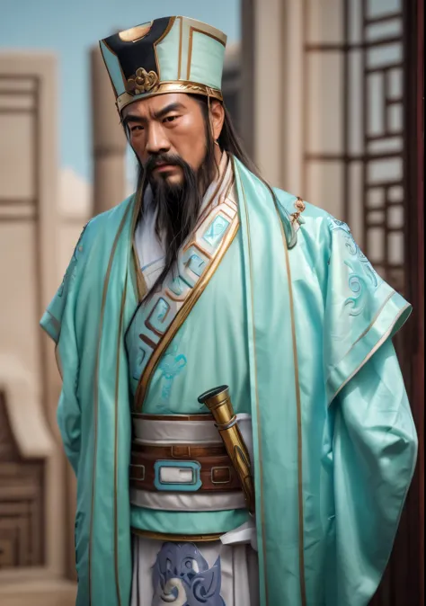 Close-up of a man wearing turquoise and white clothing, Inspired by Dong Yuan, inspired by Cao Zhibai, Inspired by Wu Bin, Inspired by Hu Zaobin, Inspired by Emperor Xuande, Inspired by Li Kan, Inspired by Huang Ding, inspired by Wu Daozi, Inspired by Zhan...