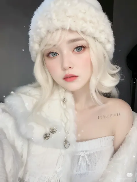 a close up of a person wearing a white coat and a hat, pale snow white skin, with white long hair, white hime cut hairstyle, pale porcelain white skin, with long white hair, her hair is white, perfect white haired girl, ulzzang, porcelain white skin, pale ...