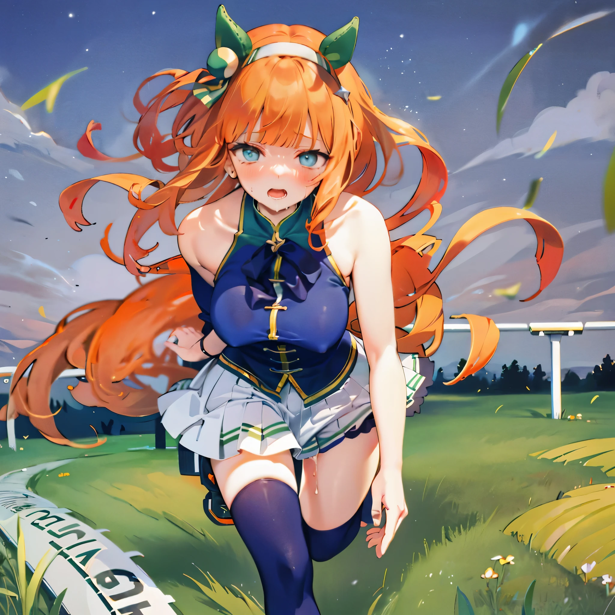 Anime girl with long red hair and green ears running in a field - SeaArt AI