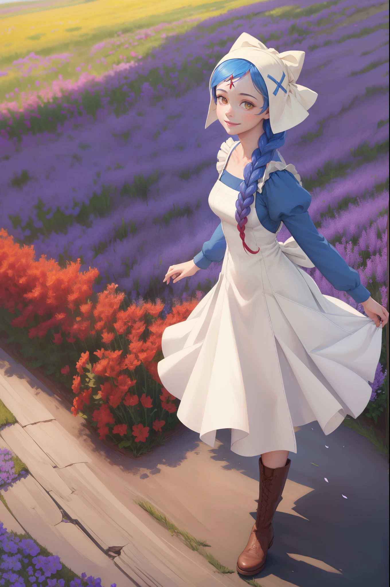 masterpiece, best quality, lilith, forehead jewel, single braid, bonnet, blue dress, white apron, knee boots, walking, from side, looking at viewer, from above, smile, field of flowers 