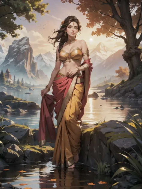 Bipasha Basu, as an Apsara, standing in a forest, beside a river, flowers in hand, dark brown braided hair, beautiful, wearing a...