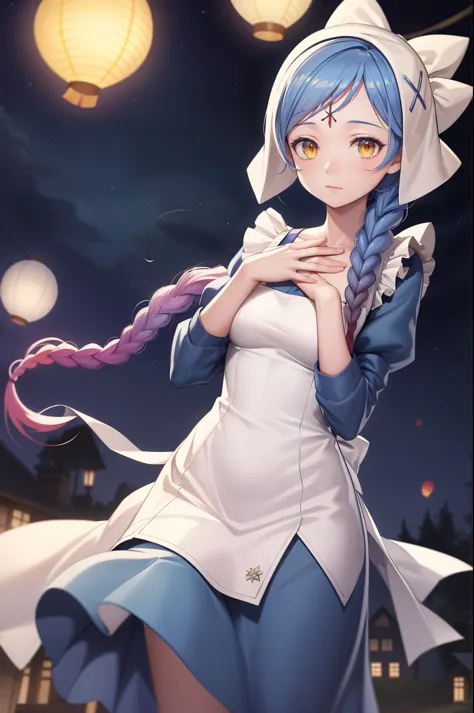 masterpiece, best quality, lilith, forehead jewel, single braid, bonnet, blue dress, white apron, cowboy shot, looking at viewer, hand to chest, night sky, paper lanterns 