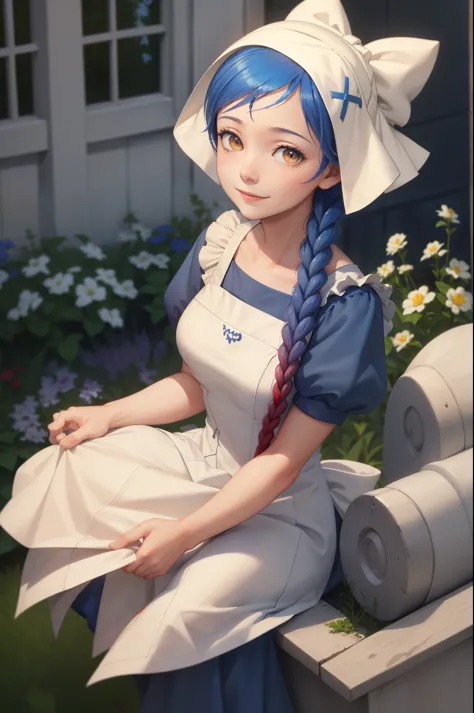 masterpiece, best quality, lilith, single braid, bonnet, blue dress, white apron, upper body, smile, closed mouth, nervous, looking at viewer, from above, garden 