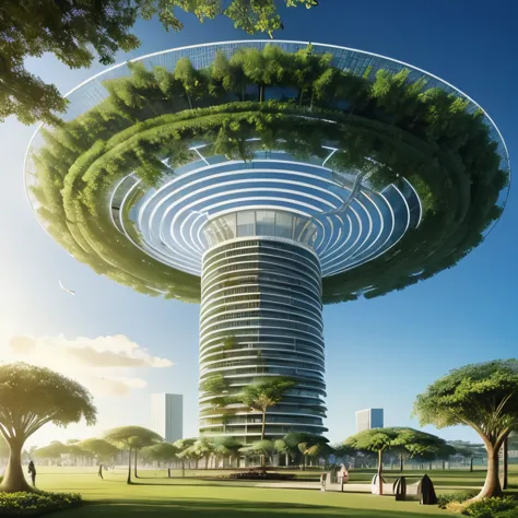 Huge futuristic building shaped like a banyan tree，The canopy is a platform for vast stacks of leaf-like solar panels，The trunk ...