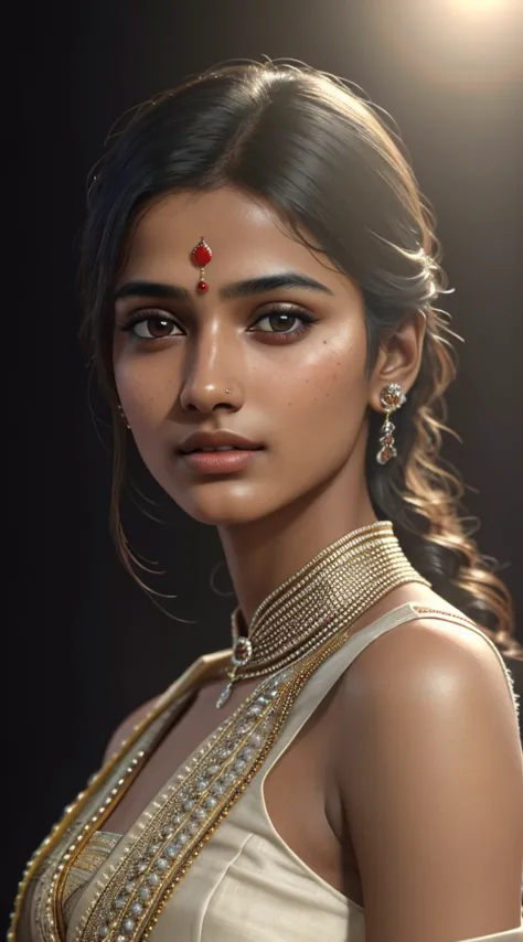 young Indian girl, 18-year-old, no bindi,traditional dress, gentle sun lighting on face , intricate facial details, flawless com...