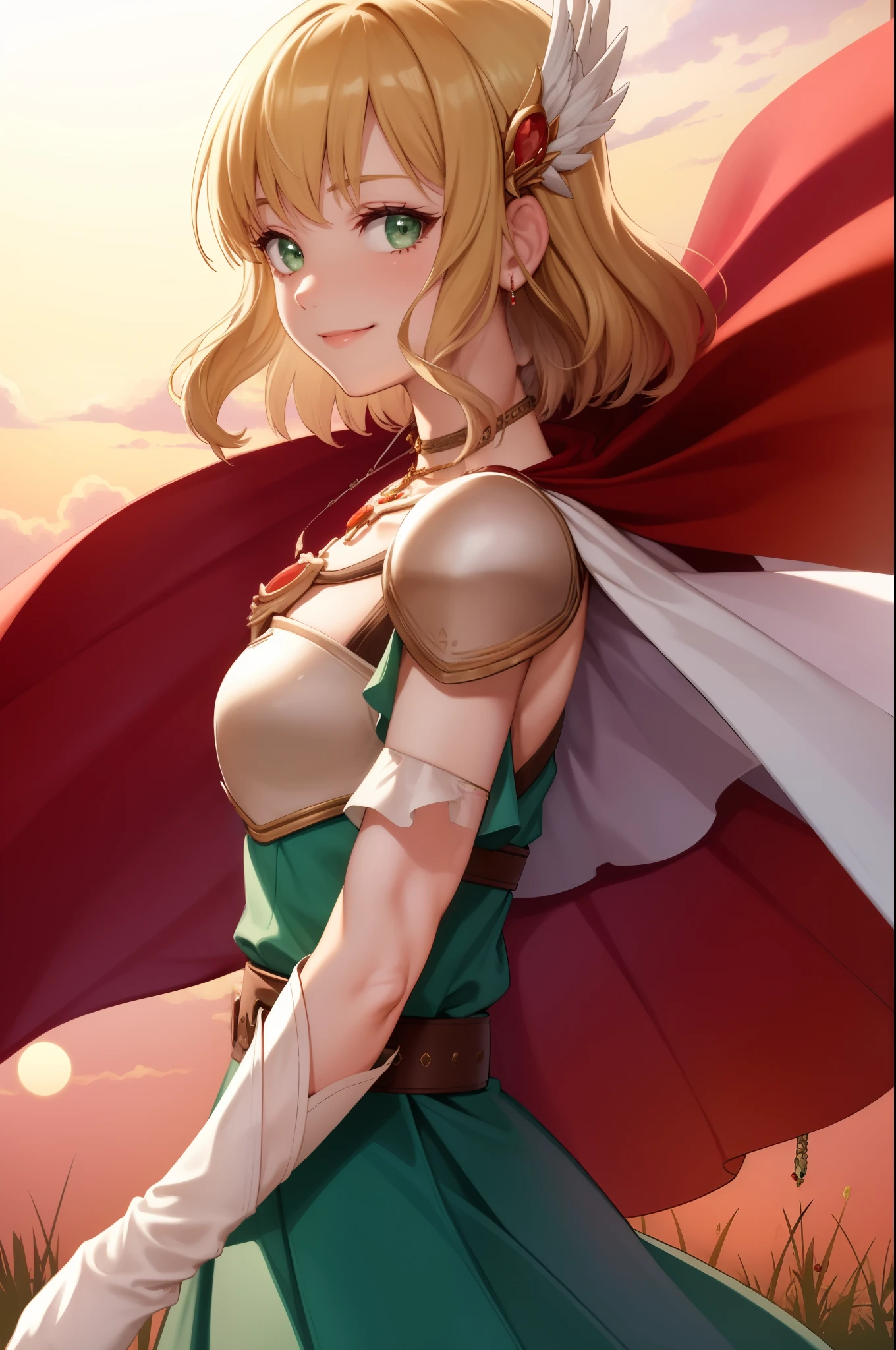 masterpiece, best quality, nanna, hair ornament, necklace, armor, red cape, green dress, belt, white gloves, upper body, looking at viewer, smile, field, sky, sunset, from side 