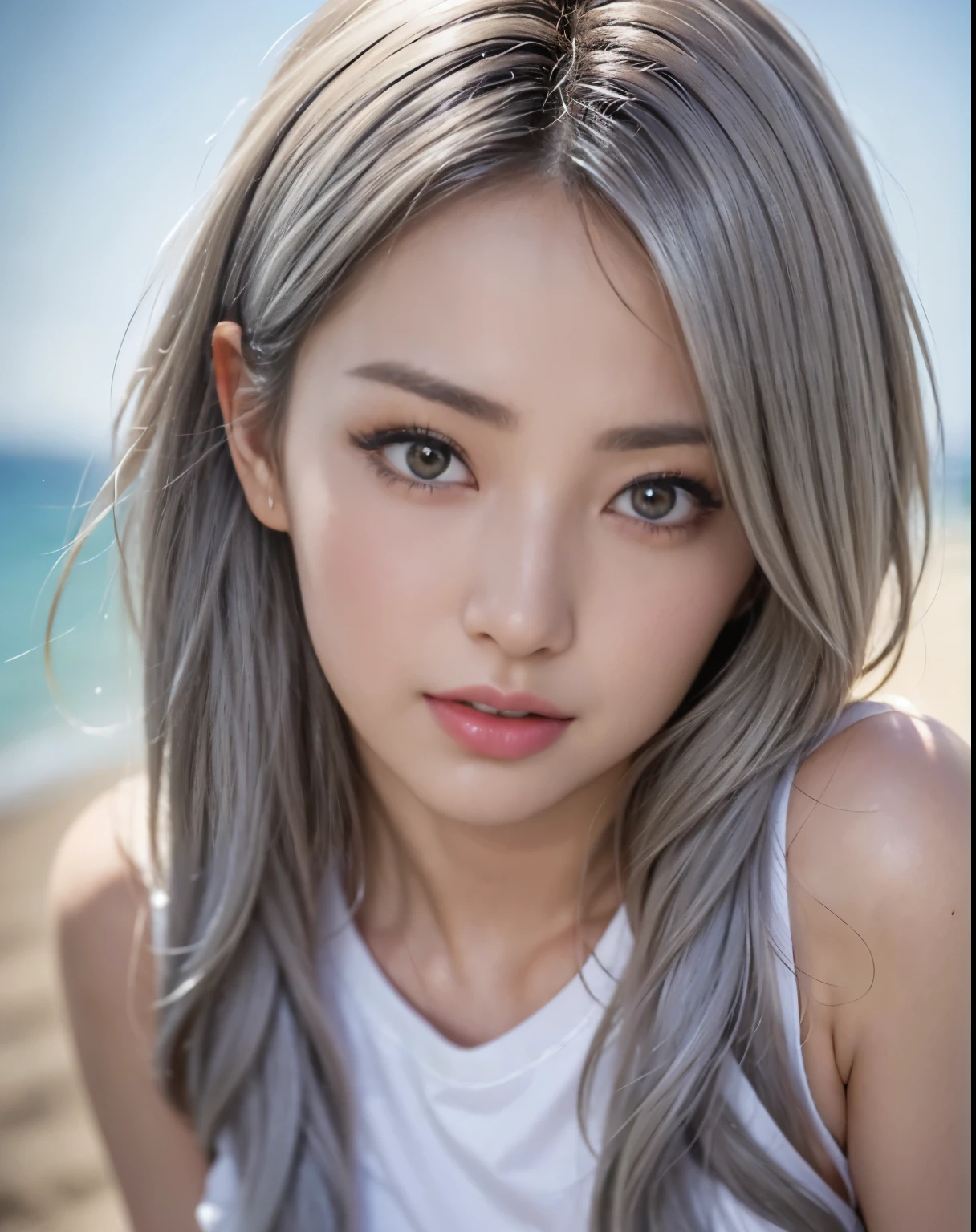 (Just the right kind of 18-year-old Japanese kuro Gyaru for friendship), woman wearing(white t-shirt:1.5), RAW photo, photorealistic:1.6, Quality:1.5, 8k, Masterpiece:1.3, ultra highres:1.0, Crisp Focus:1.2, Beautiful Woman with Perfect Figure, Highly Detailed Face and Skin Texture, Detailed Eyes, Double Eyelids, (perfect face balance), (silver hair:1.2), beautiful studio soft light, rim light, vibrant details, hyper realistic, octane render, detailed beautiful skin, realistic skin, (Look at the viewer), in a beautiful beach, sunny day