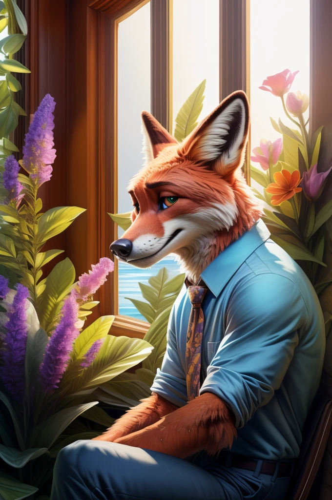 by Homogenousrule, by Wildering, by Foxovh, by Catcouch,
solo (nick wilde) blue shirt, hawaii floral shirt, blue pants, tie,
(sitting, half-length portrait, three-quarter view, looking at viewer),
(light room, white window, plant, flower, water, sunlight, glowing white light:1.25)