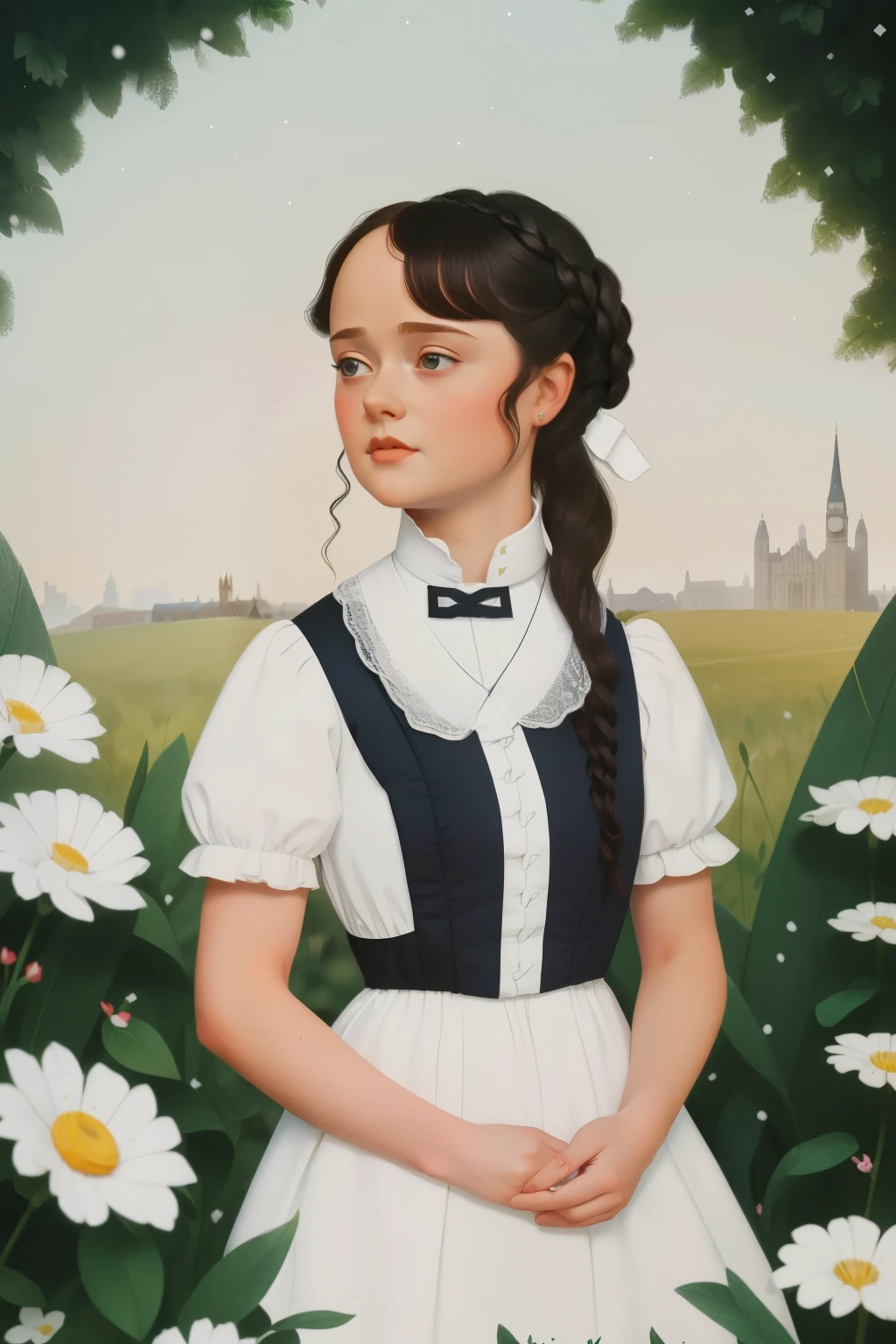 London, 15. A ((((15-year-old)) Alexis Bledel)), in the gardens of a boarding school for ladies. ((((white  from the 19th century)))), ((black ringlets hairstyle from the 19th century))