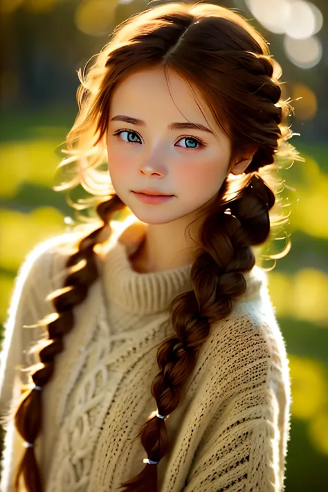 girl,１８talent、 cozy sweater, Upper body,Very cute、brown hair、french braid, (wide open eyes:1.2), glare of the sun, Bokeh, Depth ...