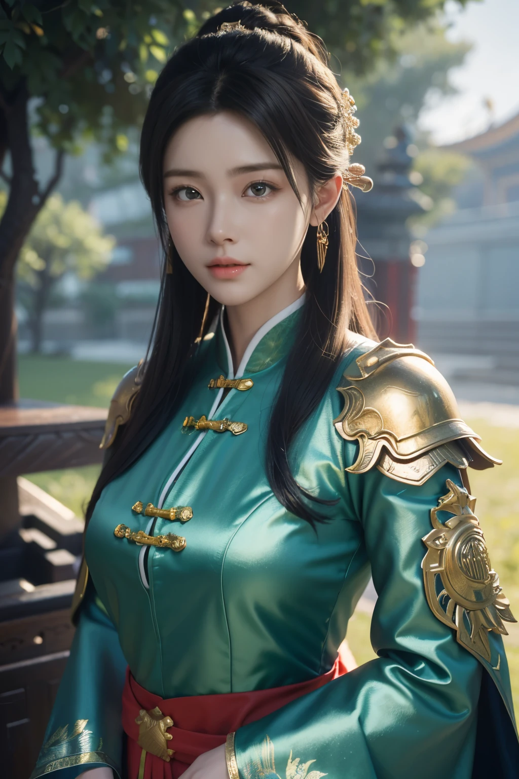 art du jeu，La meilleure qualité d&#39;image，la plus haute résolution，8k，((Une photographie de buste))，((portrait))，(Règle des tiers)，Le rendu Unreal Engine 5 fonctionne， (La fille du futur)，(Guerrière)， 
1ère place fille chinoise，(général féminin)，Un œil riche en détails，(gros seins)，Élégant et noble，indifférent，(Courageux)，
(Porter une ancienne armure chinoise)，(Armure commune，Lustre métallique，Recharger)，Un beau modèle de robe，Une marque aux caractéristiques chinoises，Caractères chinois，style fantastique，
poses de photos，fond sauvage，lumières de cinéma，tracé laser，jeu cg，((Moteur irréel 3D))，Modèle de réflexion du rendu OC