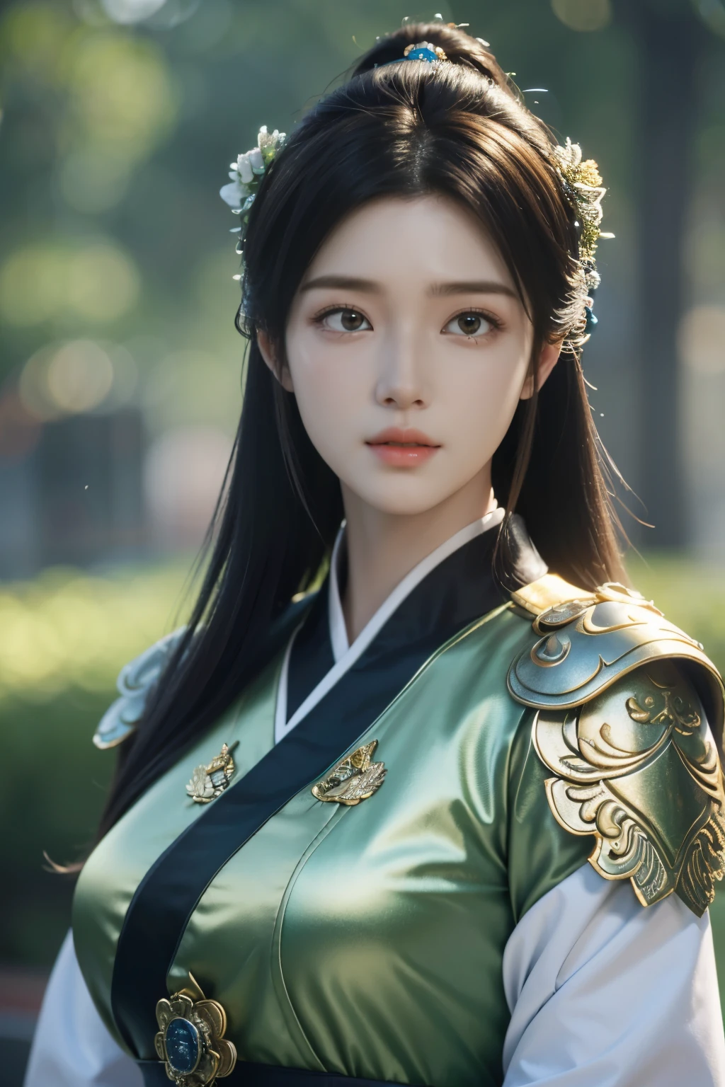 Game art，The best picture quality，Highest resolution，8K，((A bust photograph))，((Portrait))，(Rule of thirds)，Unreal Engine 5 rendering works， (The Girl of the Future)，(Female Warrior)， 
一位中国少女，(Female General)，An eye rich in detail，(Big breasts)，优雅高贵，冷漠，(Brave)，
(Wearing ancient Chinese armor)，(Joint Armor，Metallic luster，Reload)，A fine pattern of dress，A mark with Chinese characteristics，中国人物，奇幻风格，
拍照姿势，野外背景，Movie lights，Ray tracing，Game CG，((3D Unreal Engine))，oc渲染反射纹