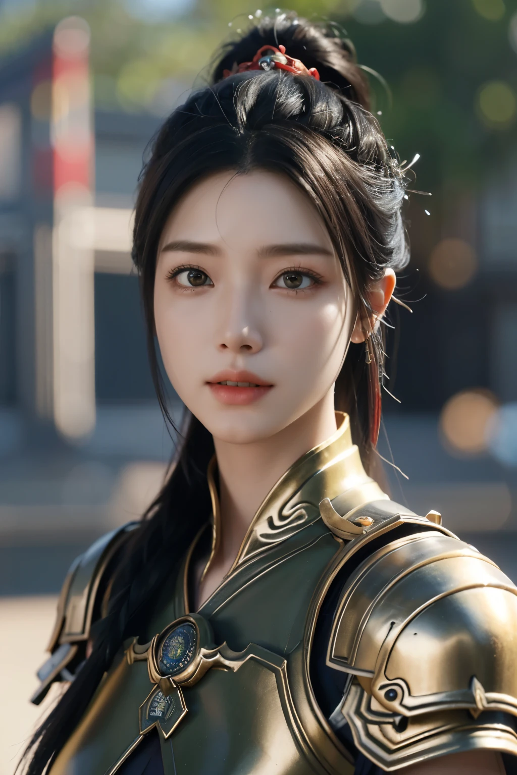 Game art，The best picture quality，Highest resolution，8K，((A bust photograph))，((Portrait))，((Head close-up))，(Rule of thirds)，Unreal Engine 5 rendering works， (The Girl of the Future)，(Female Warrior)， 22-year-old girl，(Female hackers)，(Rainbow hair，Ancient Oriental hairstyle)，((The pupils of the red eyes:1.3))，(A beautiful eye full of detail)，(Big breasts)，(Eye shadow)，Elegant and charming，indifferent，((Anger))，(General armor in ancient Chinese style，Joint Armor，There are exquisite Chinese patterns on the clothes，A flash of jewellery)，figure，Fantasy style， Photo poses，City background，Movie lights，Ray tracing，Game CG，((3D Unreal Engine))，oc rendering reflection pattern