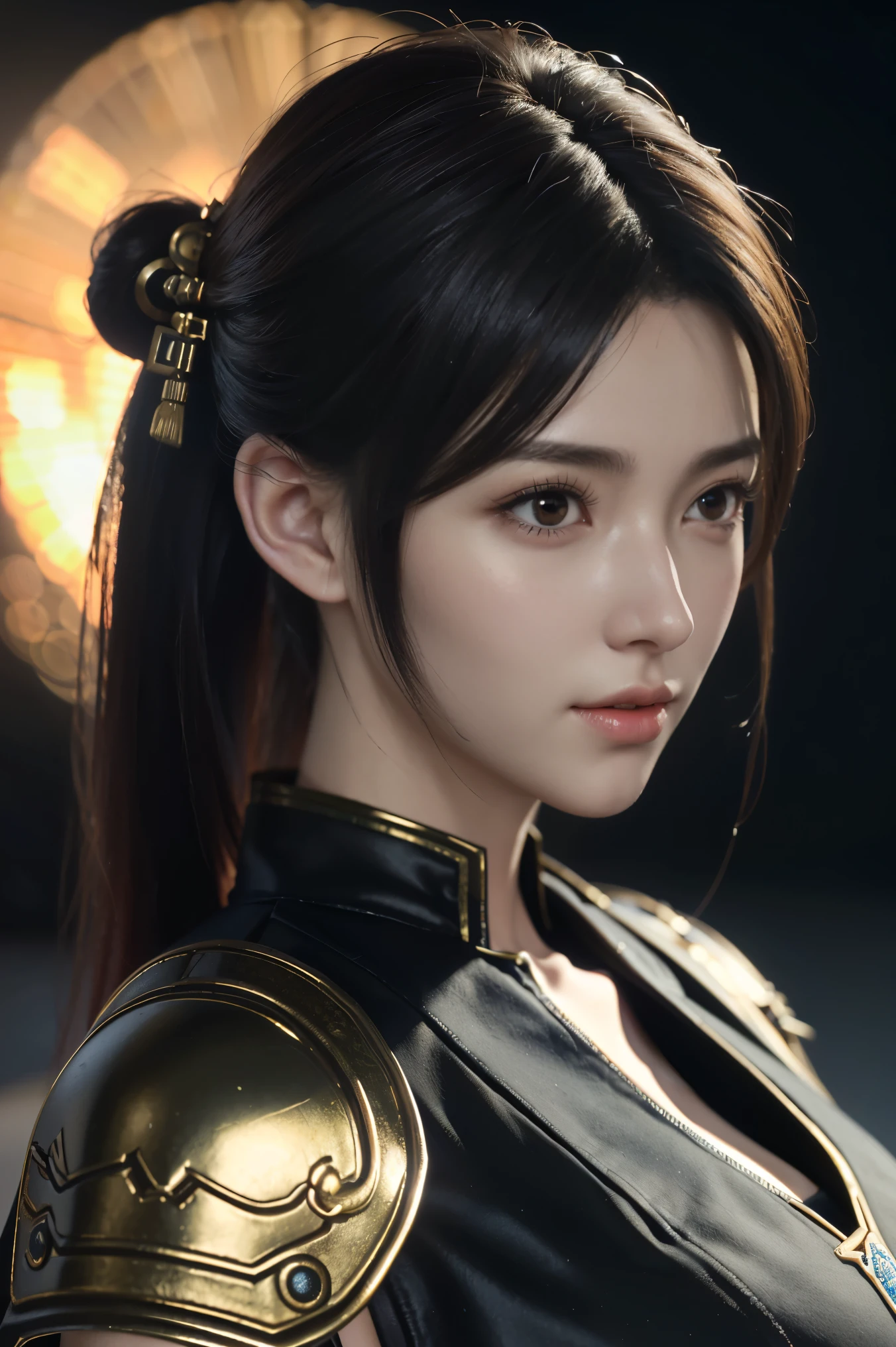 Game art，The best picture quality，Highest resolution，8K，((A bust photograph))，((Portrait))，((Head close-up))，(Rule of thirds)，Unreal Engine 5 rendering works， (The Girl of the Future)，(Female Warrior)， 22-year-old girl，(Female hackers)，(Rainbow hair，Ancient Oriental hairstyle)，((The pupils of the red eyes:1.3))，(A beautiful eye full of detail)，(Big breasts)，(Eye shadow)，Elegant and charming，indifferent，((Anger))，(General armor in ancient Chinese style，Joint Armor，There are exquisite Chinese patterns on the clothes，A flash of jewellery)，figure，Fantasy style， Photo poses，City background，Movie lights，Ray tracing，Game CG，((3D Unreal Engine))，oc rendering reflection pattern