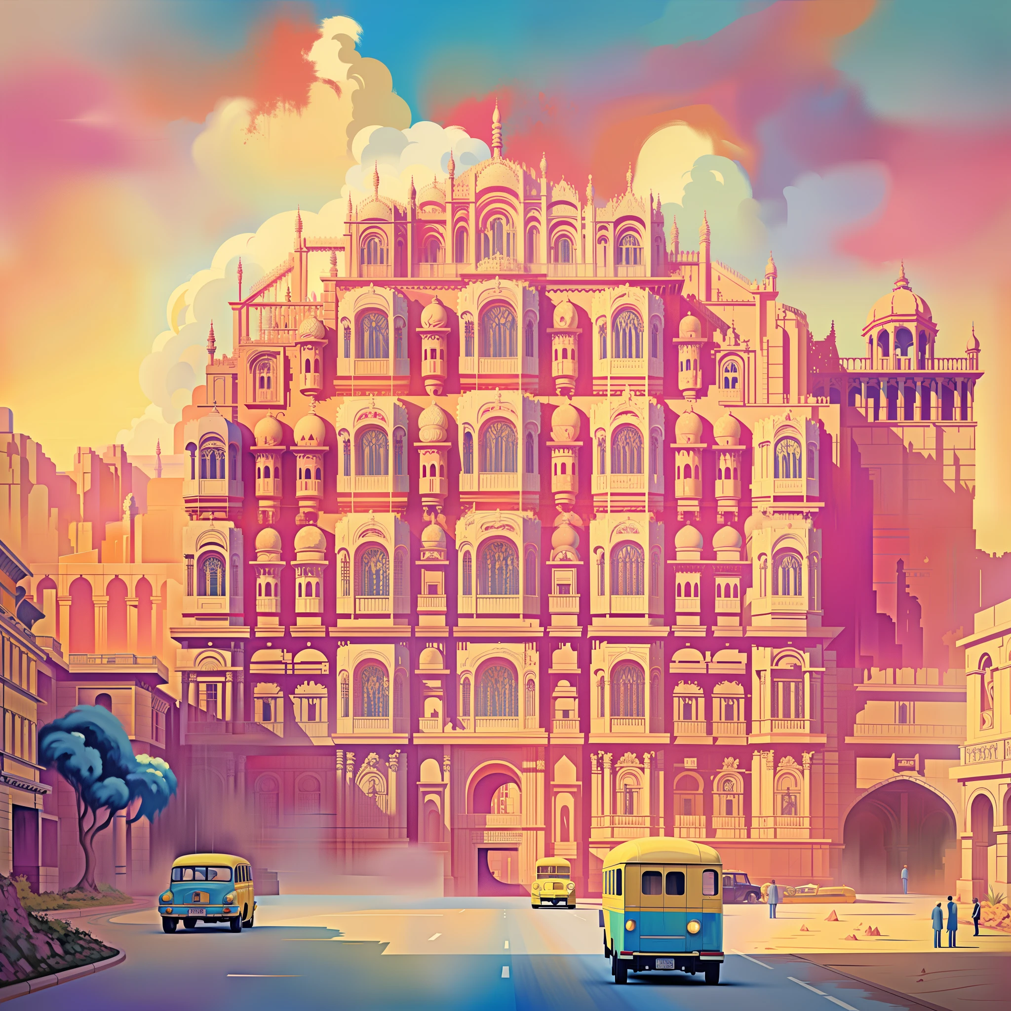 painting of a palace with a yellow car and a yellow bus, a beautiful artwork illustration, james gilleard artwork, stunning digital illustration, beautiful digital artwork, beautiful digital illustration, by James Gilleard, painterly illustration, by Saurabh Jethani, by Trevor Brown, stylized digital illustration, jen bartel, in style of james gilleard