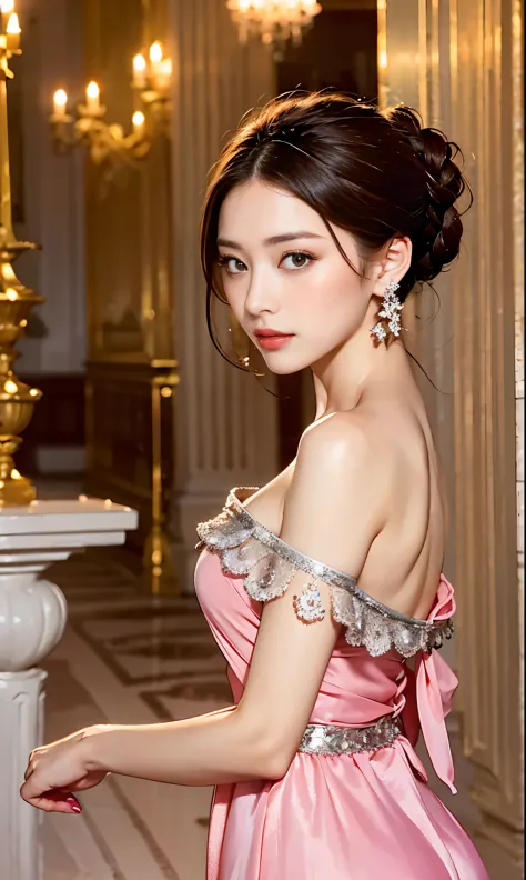 woman, strict, elegant, pink dress, aristocratic, silver elements, long nails, bare shoulders, hairstyle, hair up, braids and po...