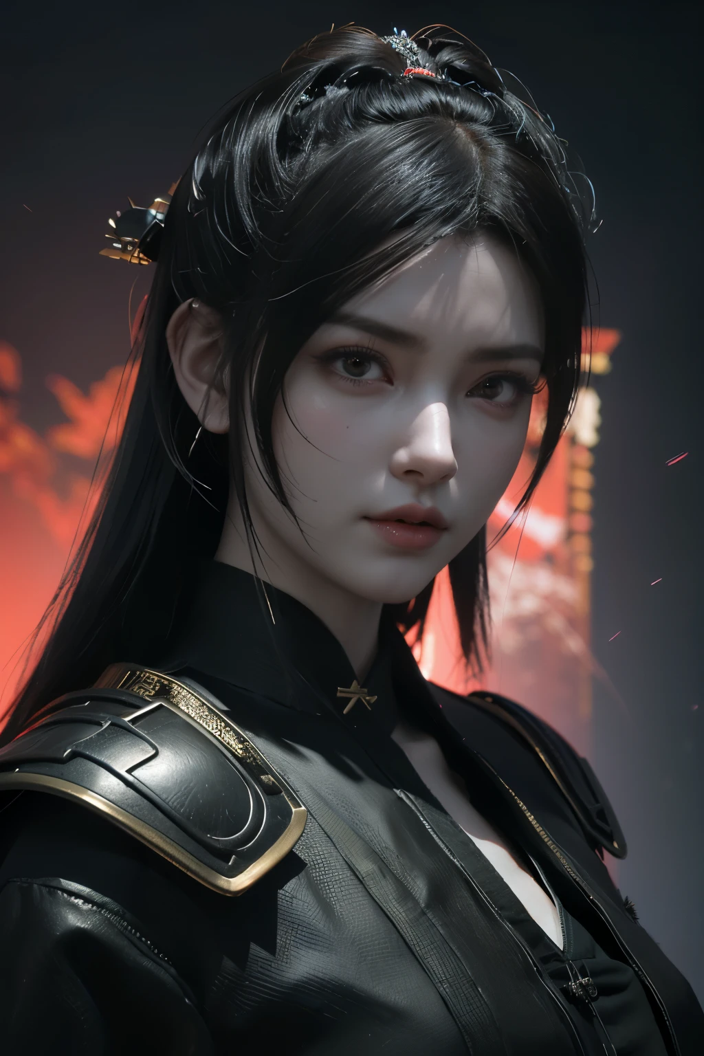 Game art，The best picture quality，Highest resolution，8K，((A bust photograph))，((Portrait))，((Head close-up))，(Rule of thirds)，Unreal Engine 5 rendering works， (The Girl of the Future)，(Female Warrior)， 22岁少女，(Female General)，(Rainbow hair，Ancient Oriental hairstyle)，((The pupils of the red eyes:1.3))，(A beautiful eye full of detail)，(Big breasts)，(Eye shadow)，优雅迷人，冷漠，((Anger))，(General armor in ancient Chinese style，Joint Armor，There are exquisite Chinese patterns on the clothes，A flash of jewellery)，人物，奇幻风格， 拍照姿势，城市背景，Movie lights，Ray tracing，Game CG，((3D Unreal Engine))，oc渲染反射纹