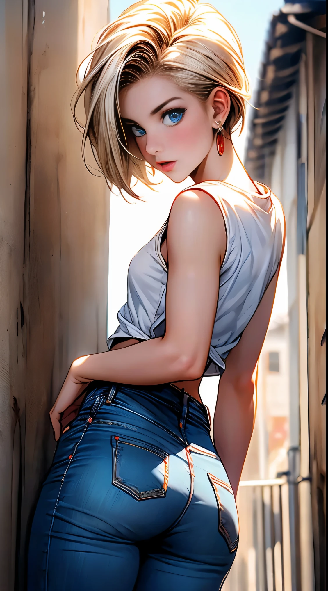 highest quality, High resolution, Artificial Man No. 18, 1 girl, android 18, alone, blonde hair, blue eyes, short hair, laughter，earrings, jewelry, denim dress, open vest, white t-shirt，distressed jeans，small breasts, Bend your waist, stick out your butt, turn around and pose，street, (external expansion chest: 1.2)，