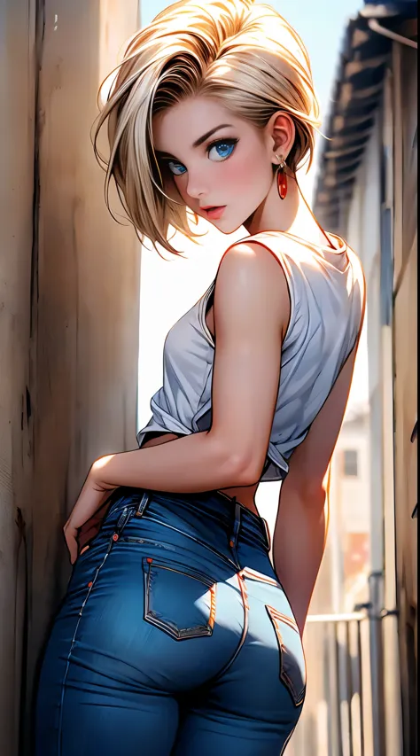 highest quality, High resolution, Artificial Man No. 18, 1 girl, android 18, alone, blonde hair, blue eyes, short hair, laughter...
