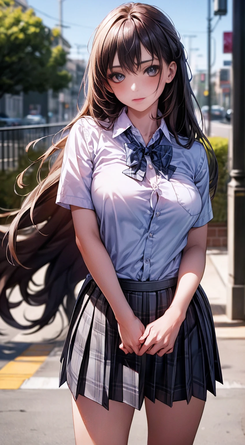 (masterpiece:1.2, top-quality), (realistic, photorealistic:1.4), beautiful illustration, 
looking at viewer, full body, front view:0.6, 
1 girl, japanese, high school girl, (long hair:1.5), blown hair, (half up, half updo), bangs, hair between eye, large breasts:0.8, 
beautiful hair, beautiful face, beautiful detailed eyes, beautiful clavicle, beautiful body, beautiful chest, beautiful thigh, beautiful legs, beautiful fingers, 
(beautiful scenery), , school,
((collared short sleeve shirt, white shirt, , grey plaid pleated skirt, blue plaid bow tie)), white panties, 
(standing, , lift up skirt, grab the hem of the skirt, hands on chest, hand between legs), 
blush, ,（（Used Condom））