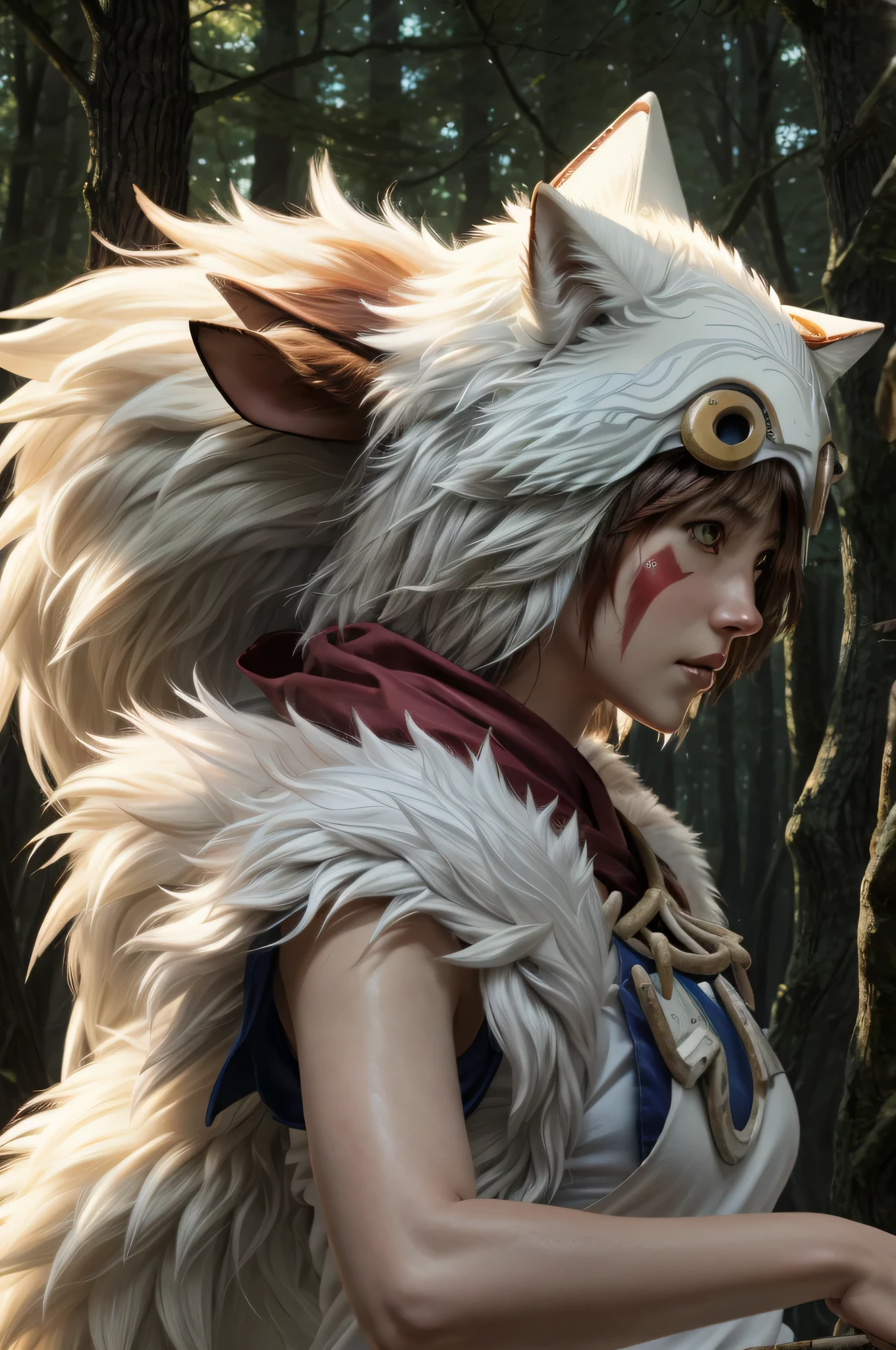 official art, unity 8k wallpaper, Super detailed, beautiful, beautiful, masterpiece, highest quality, Painting of a woman riding a white wolf in the forest, studio ghibly style mononoke, riding a giant silver wolf, artwork in the style of Gweiz, princess mononoke inspired, Gweiz, Gweiz on artstation pixiv, Gweiz on pixiv artstation, mononoke, furry fantasy art