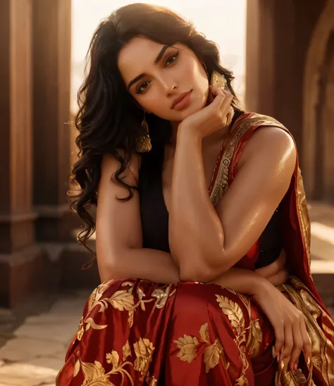 Bright background in outdoor. Red saree. Voluptuous and healthy, wet, black haired Kiara Advani in erotic, hot sexy pose. Sweaty...